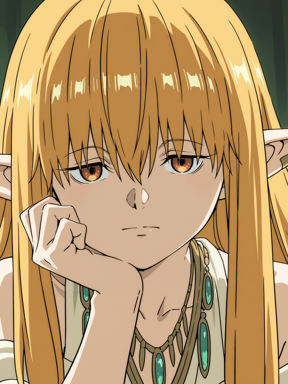 Serie,Serie,solo,jewelry,necklace,looking at viewer,anime coloring,closed mouth,parody,portrait,bare shoulders,head rest,