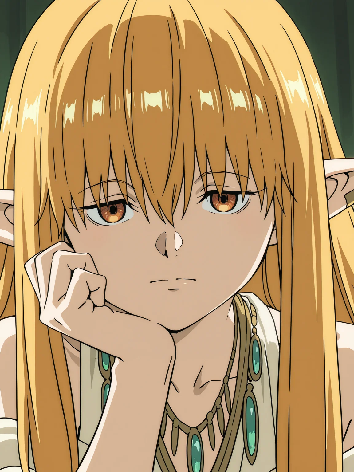 Serie,Serie,solo,jewelry,necklace,looking at viewer,anime coloring,closed mouth,parody,portrait,bare shoulders,head rest,