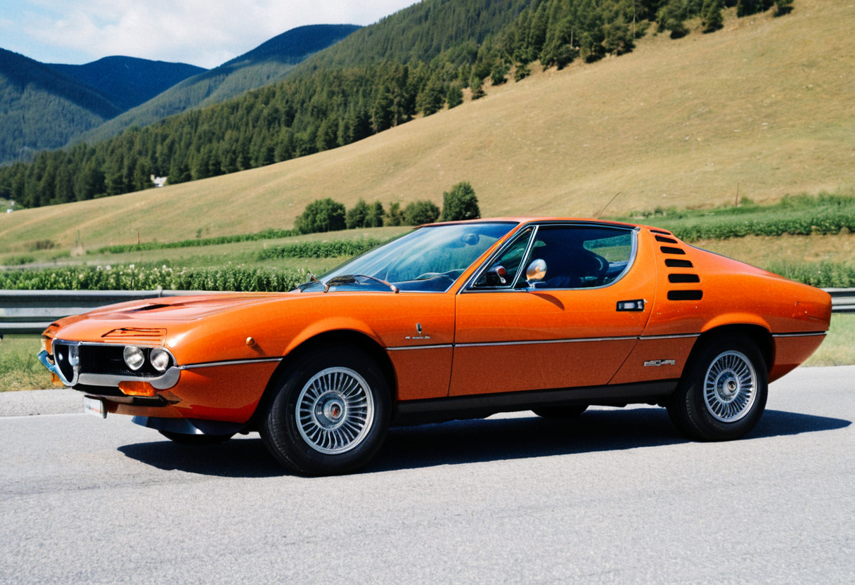 ClassicSportsCar, gleaming orange Alfa Romeo Montreal, side front view, road, mountains, scenic landscape, 4K, highly detailed, (((stylish grainy analog 35mm film photo)))