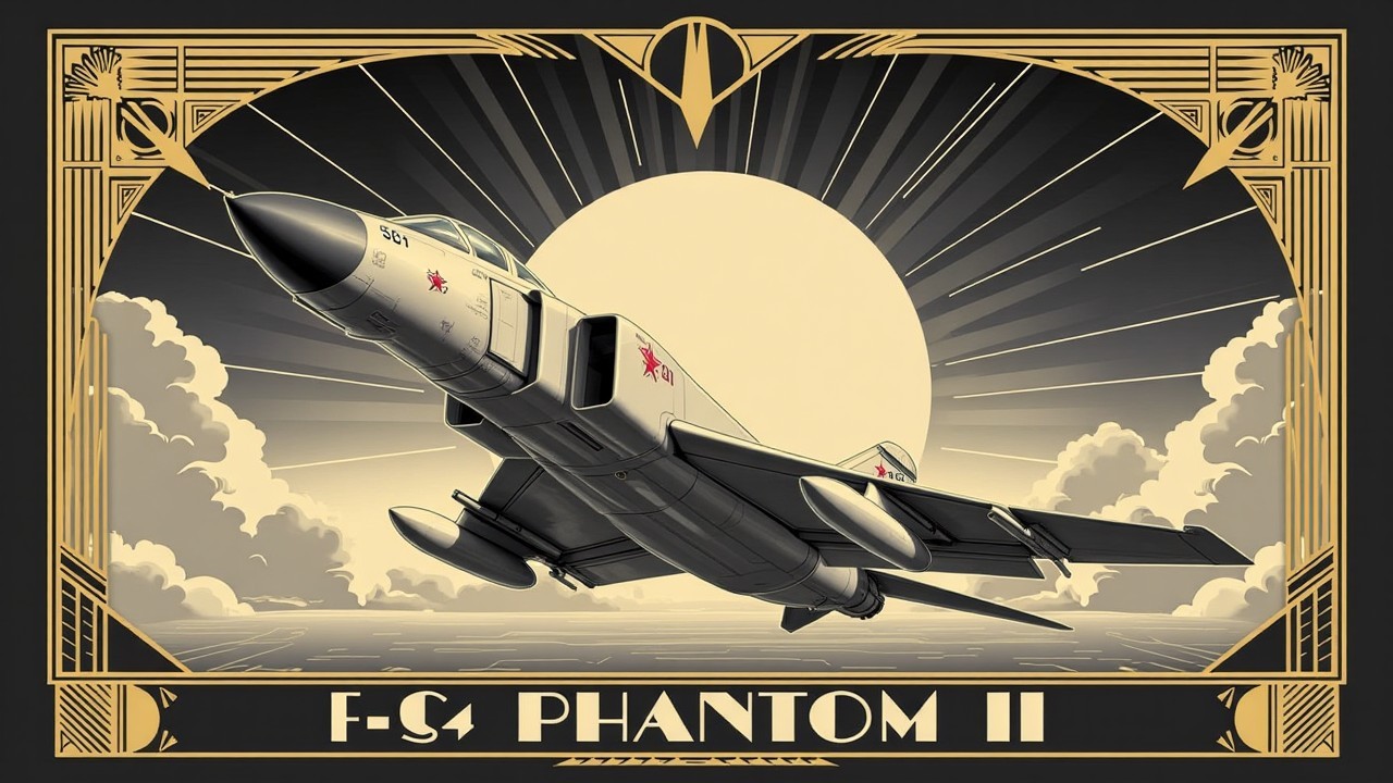 <lora:f-4-phantom-ii-flux-d:1.3>
The F-4_Phantom_II is depicted in a luxurious art deco style, surrounded by symmetrical golden frames, stylized clouds, and streamlined geometry. The image resembles a 1930s aviation poster with elegant fonts and deep contrast. Retro-futuristic mood, clean forms, vintage elegance with a modern twist.