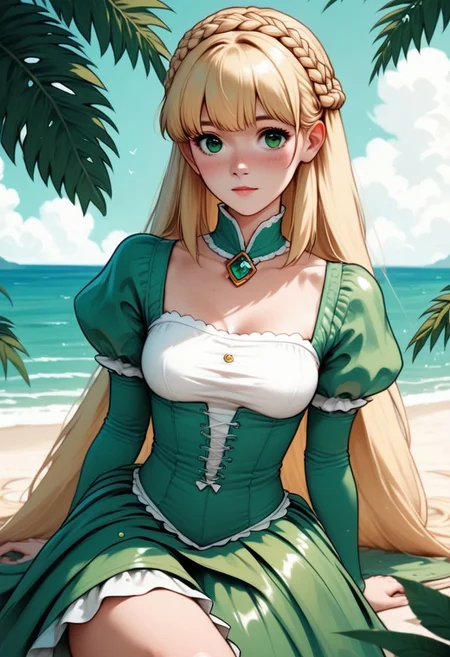 zPDXL3, score_9, score_8_up, score_7_up, score_6_up, score_5_up, score_4_up,
1girl, medium breasts,
blonde hair, green eyes, crown braid, straight hair, very long hair, ribbon bangs,
leaf dress,
beach,
fomceline, solo,