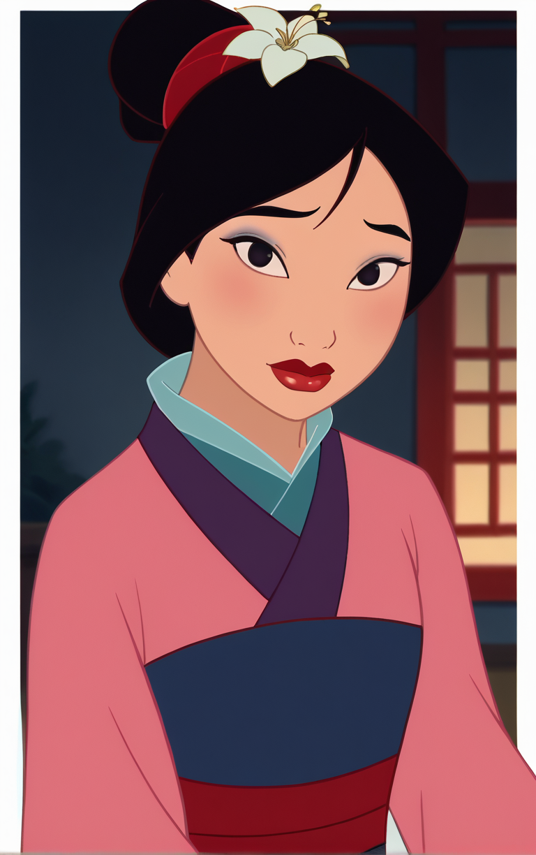score_9, score_8_up, score_7_up, looking at viewer,  BREAK
PinkDressHairTied_Fa_Mulan_ownwaifu, 
1girl, black hair, single hair bun, black eyes, hair ornament, lips, short hair, hair flower, jewelry, lipstick, makeup, red lips, 
pink dress, japanese clothes, kimono, sash, long sleeves, hanfu, chinese clothes, pink kimono, obi, sleeves past wrists,
(portrait, head tilt, looking at viewer), white border, bokeh, <lora:PONYXL_Fa_Mulan_Movie_ownwaifu:0.8>, solo,
