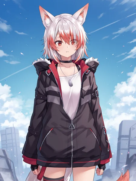 1girl,syusetu_kohaku,fox ears, fox tail, cowboy shot,
black_jacket,hood_down,white_shirt,black_thighhighs,single_thighhigh,uneven_legwear,fur_trim,partially_unzipped,fingerless_gloves,dog_tags,
<lora:syusetu_kohaku-ill2.0-t0:1>, (masterpiece), (best quality), (ultra-detailed), very aesthetic, illustration, disheveled hair, perfect composition, moist skin, intricate details, anime artwork, anime style, vibrant, studio anime, highly detailed