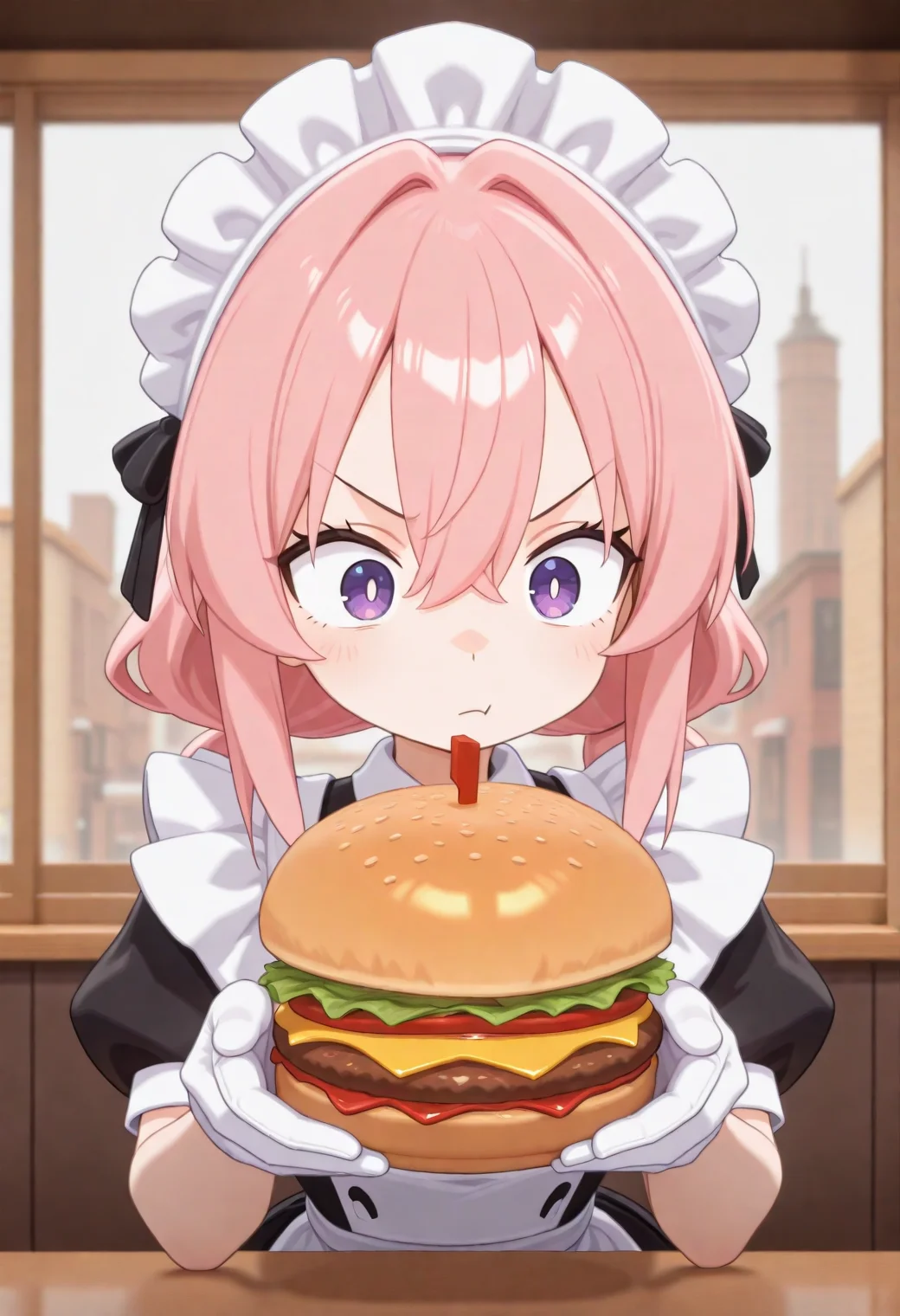 n1s, anime, masterpiece, best quality, very aesthetic, newest, 2024, 1girl, solo, civchan, mcdonalds, hamburger