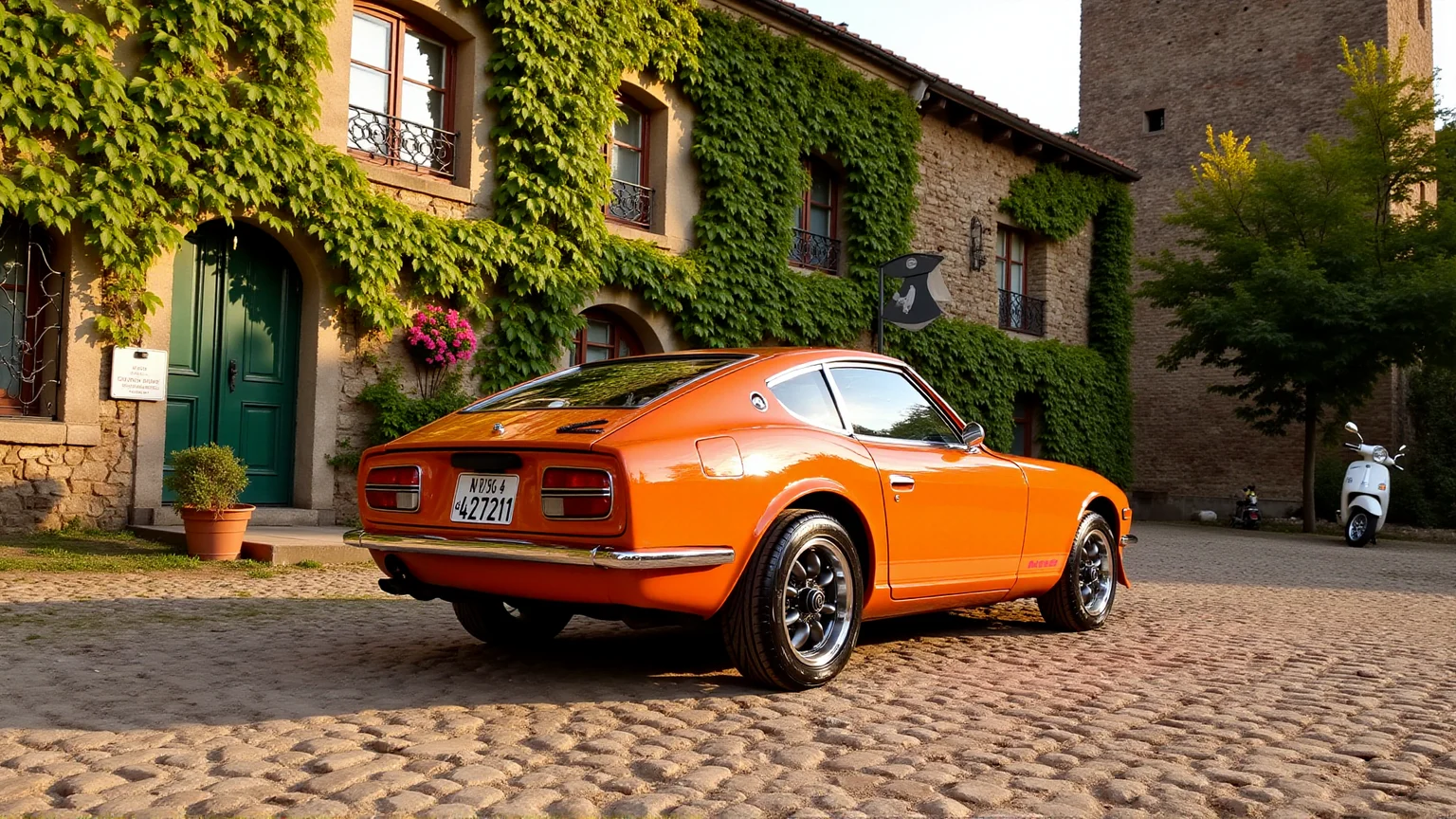 Nestled in the cobblestone square of a quaint Italian village, a 1972 Nissan Datsun 240Z Fairlady in warm terracotta orange rests under the shadow of a towering bell tower. The carâs ducktail spoiler and round tail lights glow softly in the golden afternoon sunlight. Chrome details shimmer faintly, complementing the rustic charm of the ivy-covered stone walls and colorful flower boxes. A vintage café sign and a Vespa parked nearby frame the scene, evoking a perfect blend of Italian elegance and classic automotive beauty
<lora:ral-nssndtsn_000001000:1>