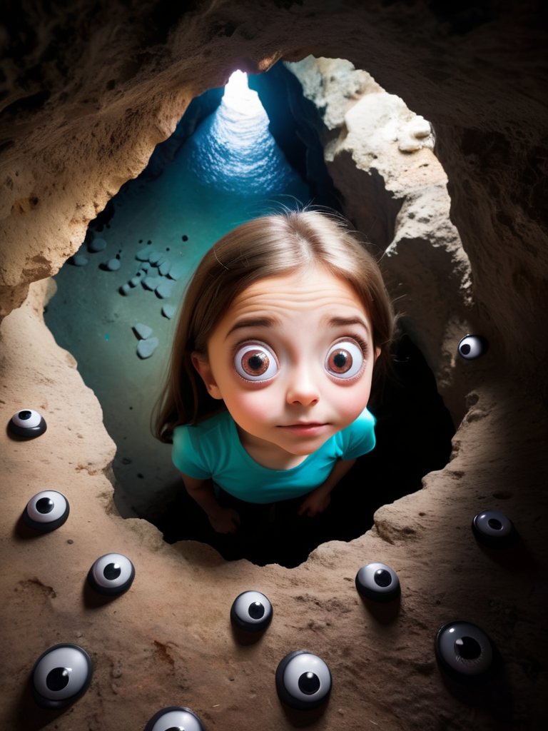a girl, googly eyes, cave, top view