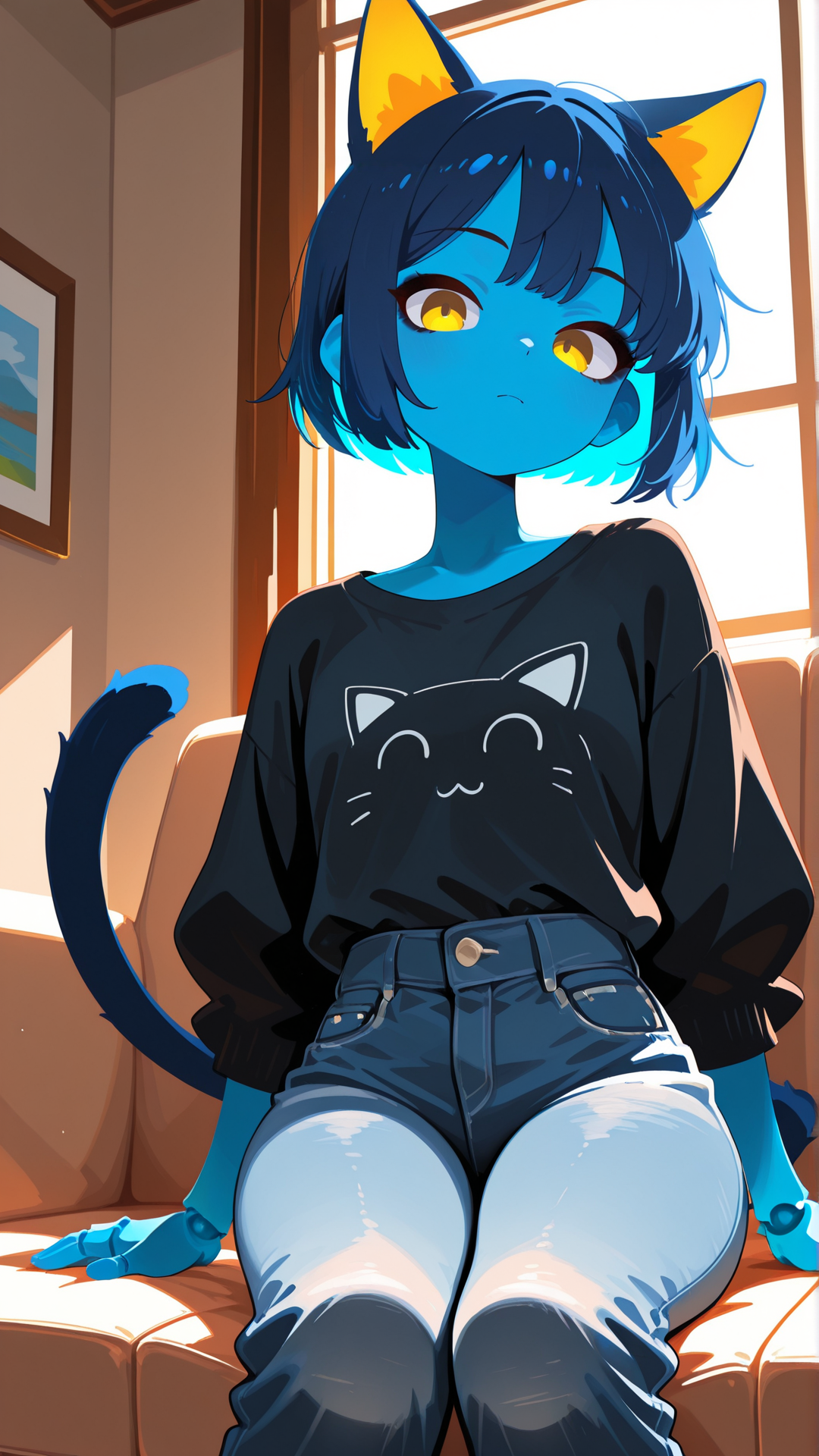 masterpiece, best quality, amazing quality, absurd res,
Flatline, Flat vector illustration, masterpiece, best quality, good quality, very aesthetic, absurdres, newest, 8K, depth of field, focused subject, dynamic closeup angle,
 <lora:Capek_mrbalderus_for_Illustrious:0.7> 1girl, c4pek, cat ears, cat tail, short hair, colored skin, blue skin, yellow eyes, joints, blue hair, black eyeshadow, medium hips, short, dark blue ears, dark blue tail, gold inner ear, 
 shirt, jeans, indoors, living room, window, sitting on couch,
  <lora:dGFrYXJhaV9zaHVuc3VrZQ==-illustriousXL_v01_V1-CAME:1> dGFr