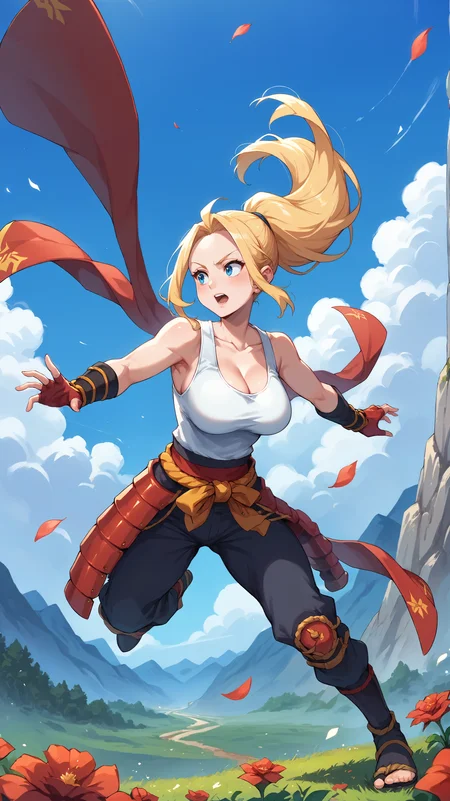 score_9,score_8_up,score_7_up,score_6_up, source_anime, zPDXL, <lora:xl_more_art-full_v1:0.5>, <lora:Wakfu_CartoonV02:0.5>, girl,long hair, blonde hair, ponytail, blue eyes, white tank top, red (samurai armor), red gloves, pants, large breasts, <lora:Beatrix Amerhauser - Pony-000004:0.8>, spread arms, dynamice pose, mountains in background, rocky mountains, outdoors, nature, blue sky, white clouds, open fields, field of red flowers, pedals, wind,
