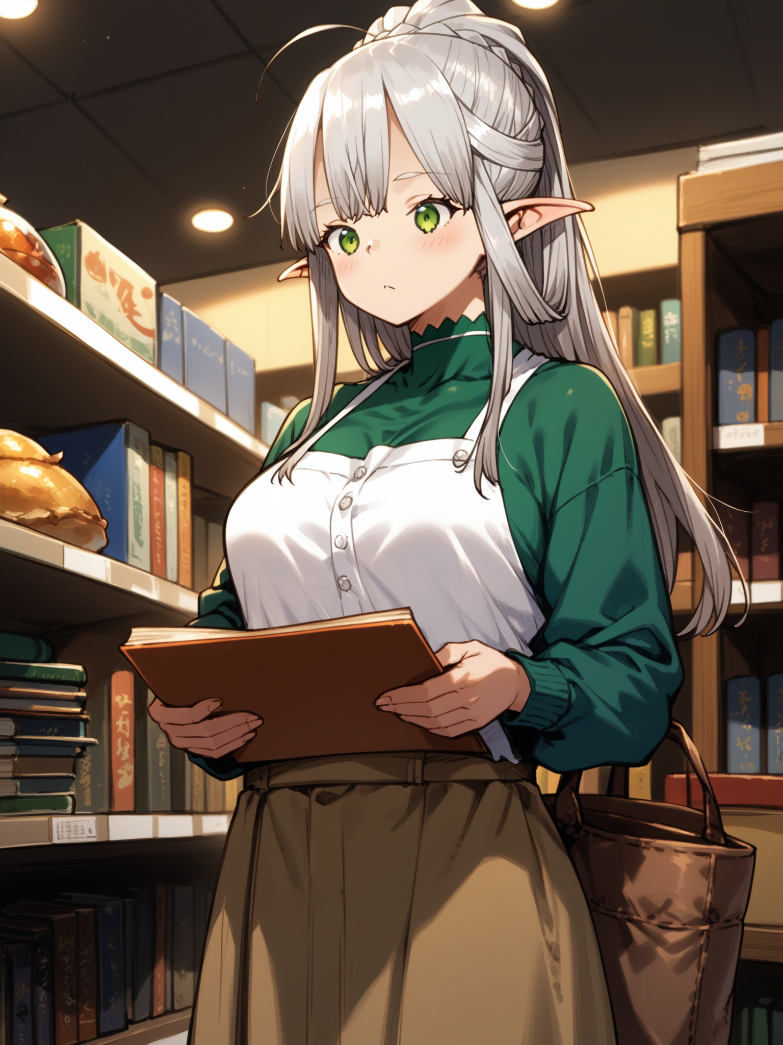 (cowboy shot, solo focus:1.2) <lora:happy_tentacle-himono_elf-v0.1-000024:1>, ht_himono_elf, green eyes, silver hair, large breasts (petite:1.2), <lora:Shed_The_Skin's StS_age_slider_v1_initial_release:-1.2> ( :1.1) ( , , ( :1.2) , , (looking down:1.2) :1.2) , indoors, ((night, night sky :0.6), (blue sky:0.6) :0.8), (open window :0.9), (furniture:0.9), loaded interior , , , (people, crowded, surrounded:1) , (european architecture :0.9), shop , (bookstore :1.2), shelf (( from above :1) :0.8) score_9, score_8_up, score_7_up, score_6_up, score_5_up, score_4_up, ( [(realistic, photorealistic:1.3):(realistic:1.2):16] [(3d:1.2)::14] :1) <lora:LUUNA's Lunas-NijiJourney-SDXL-B2:0.35>, nijijourney <lora:prgfrg23's Counterfeit-V3.0 Style SDXL_LoRA_Pony Diffusion V6 XL:0.5> <lora:mfcg's mfcgXL:0.12> <lora:reweik's gyokai(himehajime)_PonyXL_style_v01:0.14>