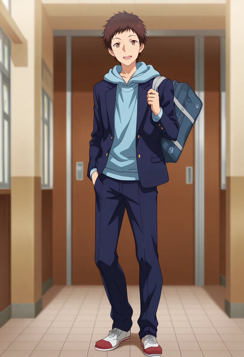 masterpiece, best quality, amazing quality,high resolution, intricate details,official style,depth of field,anime coloring , , , 1boy, solo, male focus,  <lora:Takeda:0.95>,takeda,brown hair,short hair,brown eyes,looking at viewer, open mouth, jacket, school uniform, full body, pants, hood, bag, hoodie,smile, hood down, blazer, hand in pocket