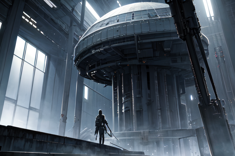 highly insanely detailed, masterpiece, top quality, best quality, highres, 4k, 8k, RAW photo, (very aesthetic, beautiful and aesthetic),  
tsutomu nihei,nihei_tsutomu,blame!,blame gakuen!,abara,TNstyle,sidonia_no_kishi,(city ruins,stairs,giant room,sidonia \(ship\),megastructure in background,hangar,tunnel,deep horizon,lab),machinery,fence,dome,light particles,wire,gauna,gauna mech,buildings,dark sky,black sky,toha heavy industries,walkway,drainpipe,letterboxed,bridge,star \(sky\),starry sky,lantern,air conditioner,bones,clouds,futuristic,no human,blm,dystopia,destroyed,flock,dark background,cyberpunk, 
<lora:blameLora_v10:0>, 
(1girl:1.3), 
solo focus, 
pure blue background,pure orange background,(gradient background),âââ