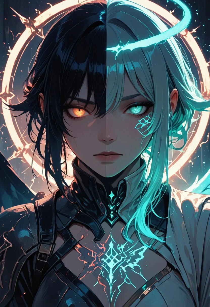 (masterpiece), (best quality), (8k), 2girls, angel and demon, intense stare-down, tension, glowing eyes, magical aura, emissive lighting effects, cinematic lighting, golden hour glow, divine vs infernal contrast, glowing halo above angel, broken or burning halo above demon, floating sparks, glowing tattoos or markings, glowing feathers vs shadowy wings, ambient light particles, symmetrical composition, high detail, soft shadows and light contrast, dramatic environment, detailed armor and flowing cloth, mystical energy in air,