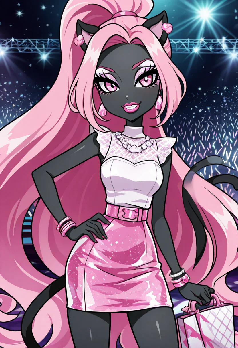masterpiece, best quality, solo, curvy, beautiful eyes, narrow waist, wide hips, 1girl, solo, smile, looking at viewer, foreshortening, close up, anime screenshot,    ,<lora:CattyNoirMH_IXL:0.9>, zzCattyNoir, pink eyes, pink eyeshadow, long hair, pink hair, ponytail, tail, very long hair, black skin, cat ears, cat tail, makeup, sleeveless, pink skirt, idol, jewelry, eyeshadow, high heels, lipstick,  C0utur3Cr4z3, <lora:CoutureCraze_IXL:0.6>,cowboy shot, hand on hip, smug, smile, looking at viewer, shiny skin,