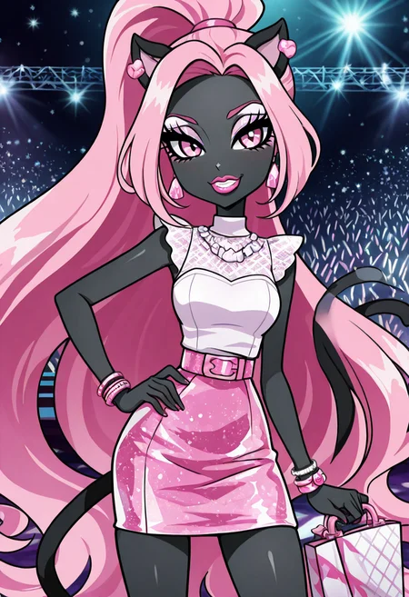 masterpiece, best quality, solo, curvy, beautiful eyes, narrow waist, wide hips, 1girl, solo, smile, looking at viewer, foreshortening, close up, anime screenshot, ,<lora:CattyNoirMH_IXL:0.9>, zzCattyNoir, pink eyes, pink eyeshadow, long hair, pink hair, ponytail, tail, very long hair, black skin, cat ears, cat tail, makeup, sleeveless, pink skirt, idol, jewelry, eyeshadow, high heels, lipstick, C0utur3Cr4z3, <lora:CoutureCraze_IXL:0.6>,cowboy shot, hand on hip, smug, smile, looking at viewer, shiny skin,