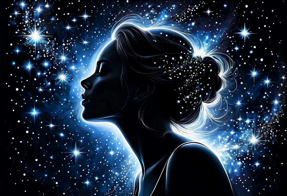 A captivating monochromatic painting depicting a female silhouette's profile, set against a breathtaking backdrop of twinkling stars and celestial lights. The silhouette exudes an ethereal aura, surrounded by a burst of radiant, sparkling particles that add to the celestial atmosphere. The stark contrast between the dark silhouette and the brightly shining lights and particles creates a visually stunning and vibrant scene, evoking a sense of wonder and mystique., painting, vibrant, style-sylvamagic