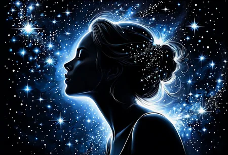 A captivating monochromatic painting depicting a female silhouette's profile, set against a breathtaking backdrop of twinkling stars and celestial lights. The silhouette exudes an ethereal aura, surrounded by a burst of radiant, sparkling particles that add to the celestial atmosphere. The stark contrast between the dark silhouette and the brightly shining lights and particles creates a visually stunning and vibrant scene, evoking a sense of wonder and mystique., painting, vibrant, style-sylvamagic
