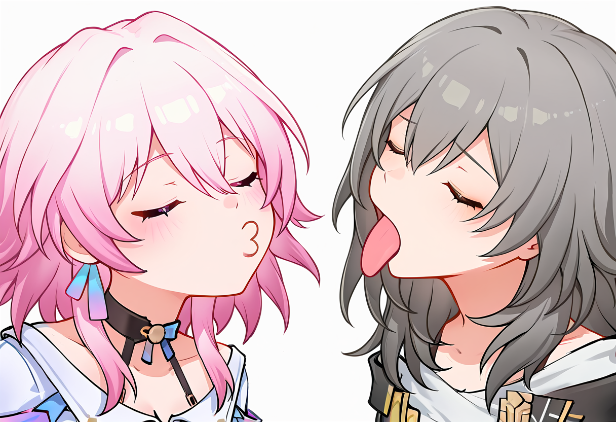 masterpiece, best quality, absurdres, 2girls, simple background, upper body, closed eyes, white background, 
BREAK
march 7th \(honkai: star rail\), puckered lips, open mouth, o3o
BREAK
stelle \(honkai: star rail\), tongue, tongue out,
<lora:notyet_kiss_vs_expecting_a_kiss_with_tongue-10 (1):1>