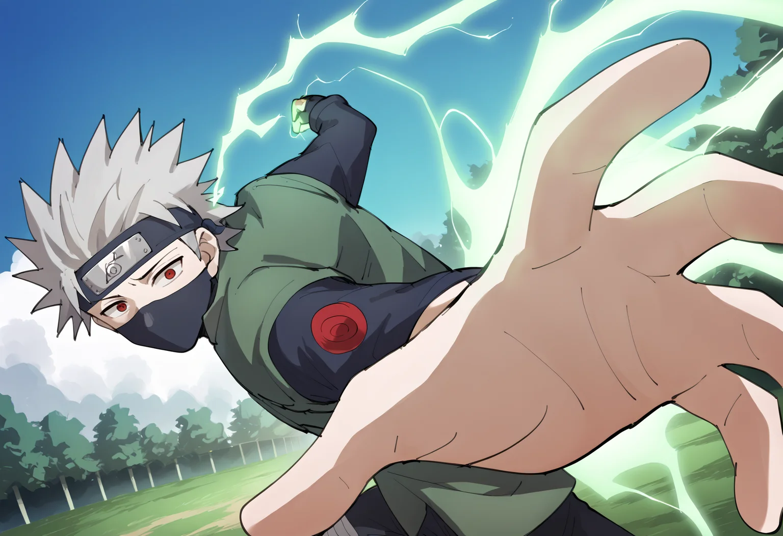 score_9, score_8_up, score_7_up, score_6_up, score_5_up, score_4_up, BREAK, source_anime,
1boy, kakashi, grey hair, red eyes, mouth mask, covered mouth, forehead protector, konohagakure symbol, green vest, chidori, electricity, electrokinesis, energy,
IncrsPunchMeme, incoming punch, blue sky, meadow
<lora:PepePunchMeme_XLPD:1> <lora:KakashiXL:1>