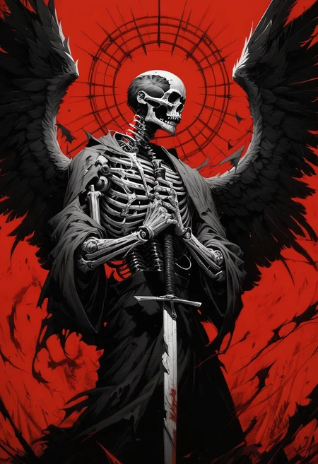 (score_9, score_8_up), score_7_up, zPDXL, solo, 1boy, meditating, monk, no humans, holding large sword, side view, looking at viewer, looking down, glowing, robot, skull, ribs, skeleton, damaged, bone, feathered wings, black and red theme, limited palette, black and red theme, monochrome, greyscale <lora:GRIM_v1:0.9>