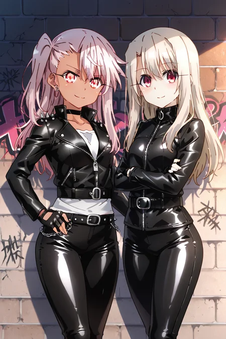 masterpiece, best quality, medium breasts, (curvy), ,,, 2girls, chloe von einzbern, yellow eyes, pink hair, long hair, one side up, dark skin, illyasviel von einzbern, red eyes, white hair, long hair, red eyes,,, leather jacket, leather pants, black jacket, tight pants, black choker, zipper, fingerless gloves, biker clothes, spikes, multiple belts, shiny clothes, high collar, (graffiti), brick wall, smile, looking at viewer,<lora:PrismaIllyaIXL_v2:1.0>,