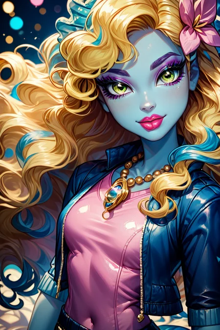 score_9, score_8_up, score_8, medium breasts, (curvy), cute, eyelashes, ,,, , ,,, zzLagoona, green eyes, yellow eyes, blonde hair, blue hair, curly hair, hair flower, hair ornament, long hair, multicolored hair, wavy hair, blue skin, makeup, jewelry, lipstick, necklace, bracelet, eyeshadow, flower, pink shirt, black shorts, black jacket, <lora:Lagoona_MH_PDXL:1.0>, ,,,, BREAK, (ultra realistic,32k, masterpiece:1.2),(high detailed skin:1.1),( high quality:1.1), head tilt, lips, closed mouth, shiny clothes, (upper body), looking at viewer, bokeh, luminescent background, ,,, embedding:zPDXL, Expressiveh, ,,, <lora:RlAnmPDXL:1.0>,