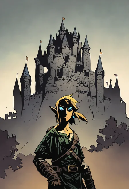 1boy, solo, link, castle, 
masterpiece, best quality, <lora:Mike_Mignola-guy90-Illust-Lycorisv1:1> alomik