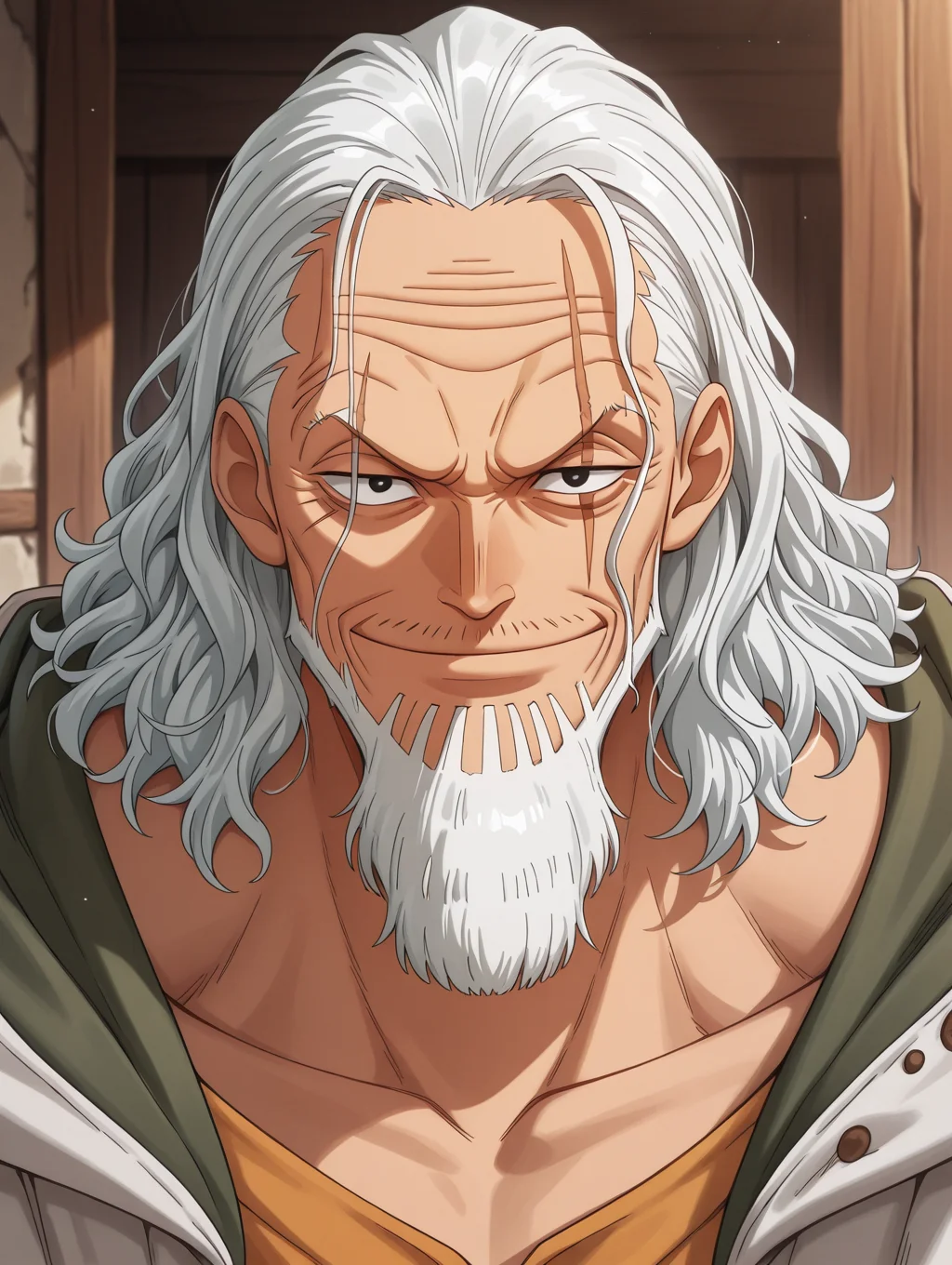 masterpiece, best quality, amazing quality, 1 boy, male focus, solo, Silvers Rayleigh, old man, scar across eye, beard, black eyes