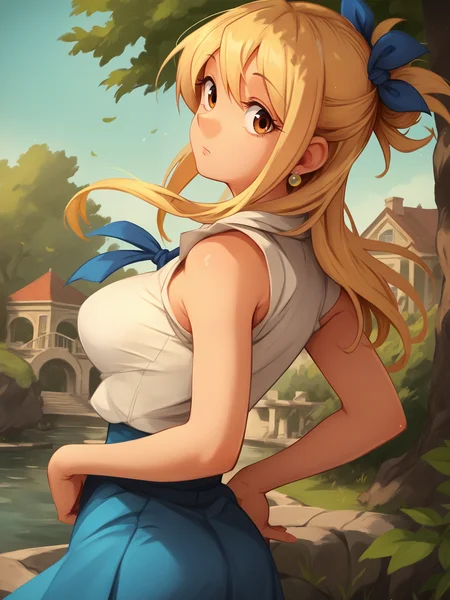 score_9, score_8_up, score_7_up, score_6_up, score_5_up, source_anime, smooth_anime,
Lucy_Heartfilia, 1girl, solo, brown_eyes, blonde_hair, ribbon, hair_ribbon, looking_at_viewer, long_hair, outdoors, jewelry, earrings, breasts, looking_back, sleeveless, blue_ribbon, skirt, shirt, tree, large_breasts, sleeveless_shirt, blue_skirt, long_skirt, day
 <lora:Beautiful_Atrocities:1>