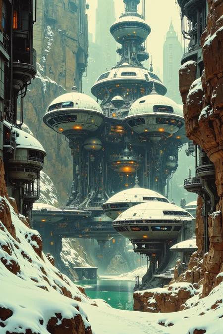 A painted composition by Aleksi Briclot that blends realism with a touch of the fantastical, oil painting of A SteamPunk post apocalyptic metal city in an icy landscape, heavy snow, All Frozen, icicles, Heavily textured, extraordinary realistic, snowstorm, scenery, no humans, masterpiece, sharp focus, highly detailed, high quality, digital illustration, intricate details, light reflection, trending on ArtStation, volumetric lighting, extremely clear 8k wallpaper, mystical touch, dreamlike and otherworldly atmosphere, sense of col, view from above, a fine color ink line-art sketch, (reflective volumetric), ray tracing, absurdres, dark, low-key, post apocalyptic, bright colors, bold outlines, 4K, sharp, oil painting. Art by Boris Vallejo. Boris Vallejo Art Style.