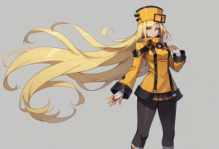 score_9, score_8_up, score_7_up, source_anime, good anatomy, solo, 1girl, 1girl, solo, MilliaRageXrd, blonde hair, very long hair, blue eyes, short yellow dress with black trim, high collar, military uniform, license plate, yellow hat with black trim, ushanka, white gloves, belts, pantyhose, sleeves past wrists, shoes, standing, contrapposto, smiling, breasts suppress