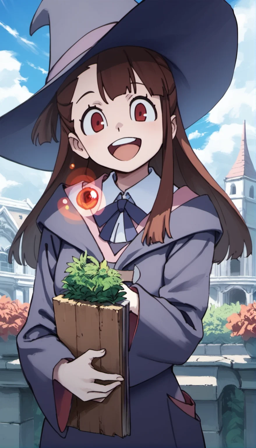 score_9,score_8_up,score_7_up,
<lora:AtsukoKagari:0.9>,akkokagari,
1girl, solo, brown hair, long hair, bangs, red eyes, looking at viewer, open smile, witch hat, witch robe, white collar, bowtie, portrait,  
blurry background,outdoors,bloom,light particles,lens flare,cloud,cityscape,magic academy,castle,garden,courtyard,