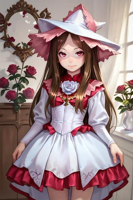 (score_9, score_8_up, score_7_up, score_6_up), source anime, BREAK, <lora:Rosary_Esmeralda_Yggdra_Union_Well_Never_Fight_Alone__Dept._Heaven:0.65> , RosaDef, brown hair, long hair, red eyes, white witch hat, <lora:wrenchlogown-PonyXL:1> , wrenchlogown, white gown, interior, bedroom, (cowboy shot), looking at viewer, seductive, rose, smile, <lora:zy_Detailed_Backgrounds_v1:0.5> , detailed background, highly detailed, <lora:2024_PandoraBox_V1:0.7> , P4ndora_PS,