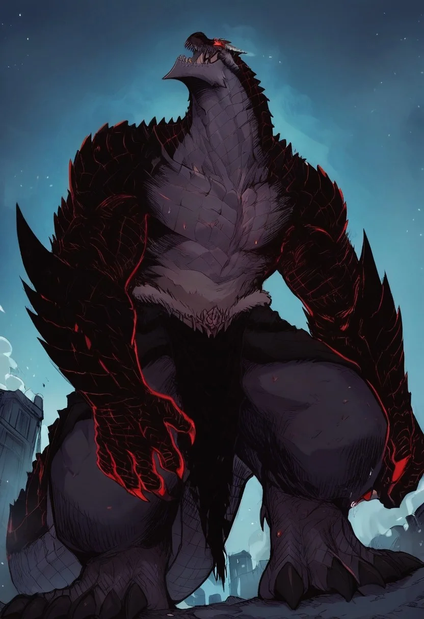 score_9, score_8_up, score_7_up, male, Ananta, Dark scales, spikes, sharp fangs, Red eyes, Large tail, claws, Dragon, muscular, Spikes on shoulders, source_anime, 1boy, solo, muscular:1.3, hands, happy face, smile, (((dutch angle, posing, from below, looking at viewer)))
BREAK
city, ruins, back alley, outside, night,
