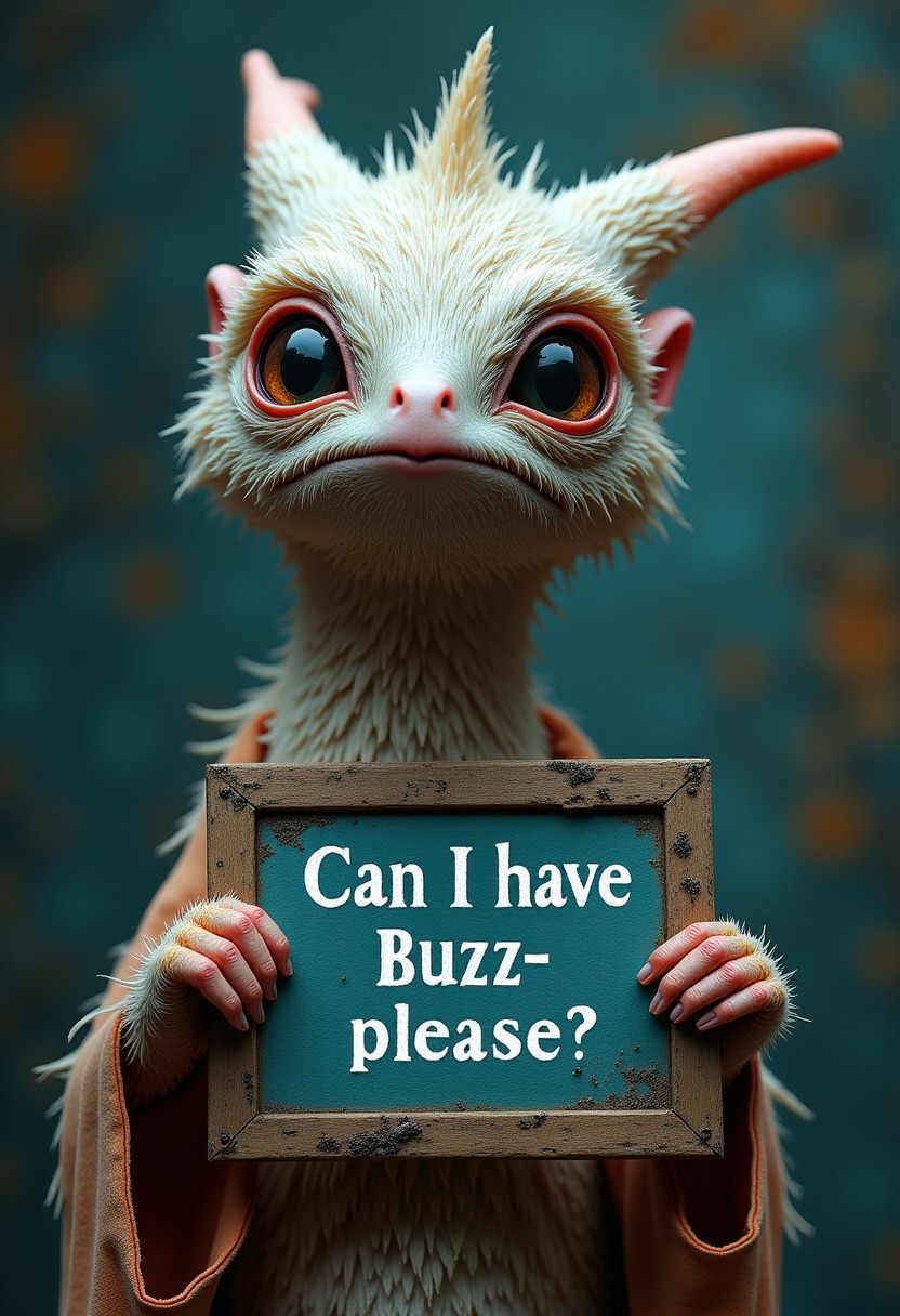 A strange feathered creature holding a sign saying "Can I have Buzz, please?", intricate details, mystical, stunning, award winning, cinematic still, dreamlike, otherworldly, vivid colors, dramatic lighting