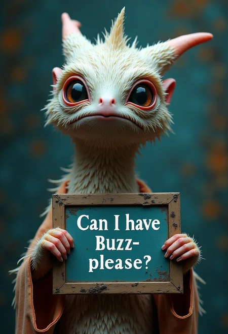 A strange feathered creature holding a sign saying "Can I have Buzz, please?", intricate details, mystical, stunning, award winning, cinematic still, dreamlike, otherworldly, vivid colors, dramatic lighting