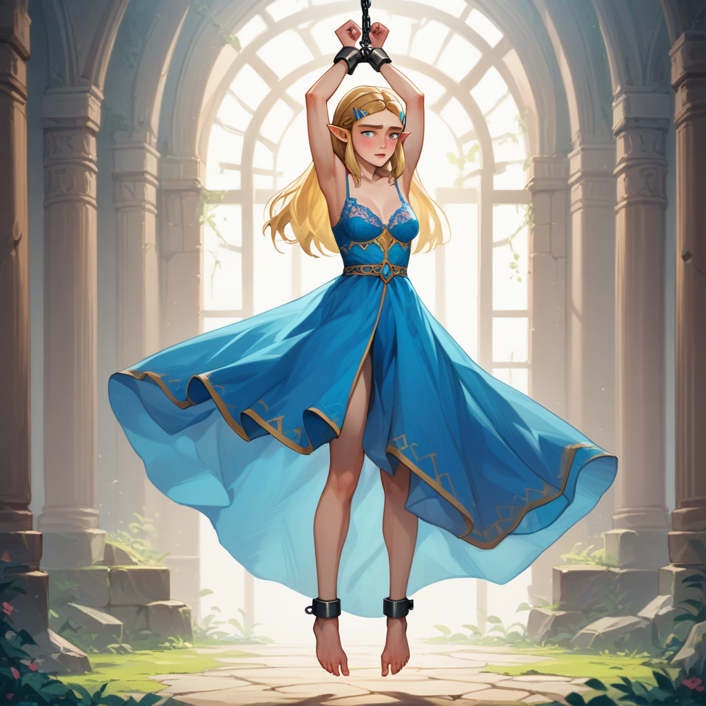 source_anime, colorful, score_9, score_8_up, score_8, (masterpiece), hanging_suspension, BREAK, 1girl, Princess Zelda, blue dress, breasts covered, lace bra, 1woman, bondage, bdsm, suspension, standing, arms_up, cuffs, bound_wrists, upright_restraints, tiptoes, feet_dangling