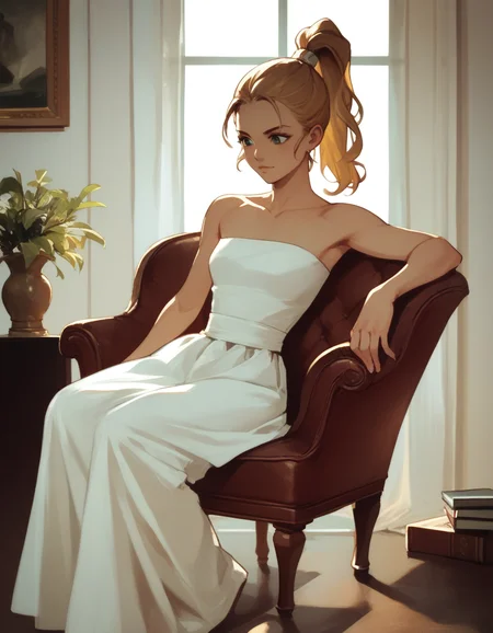 score_9, score_8_up, score_7_up, score_6_up, score_5_up, score_4_up
<lora:chrono-trigger-ponyxl-000027:1> marle, ponytail, strapless dress, white dress
1girl, solo, medium shot, fashion photography, sitting on chair, in living room, balanced composition, elegant, contemporary, rich color palette