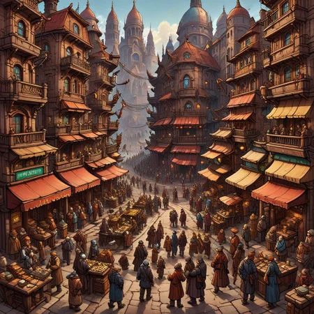 outline, lmnoutln, masterpiece, best quality, outline style, fine lines, thin lines, detailed, A bustling marketplace filled with a diverse array of people and goods, depicted in a lively and dynamic manner.