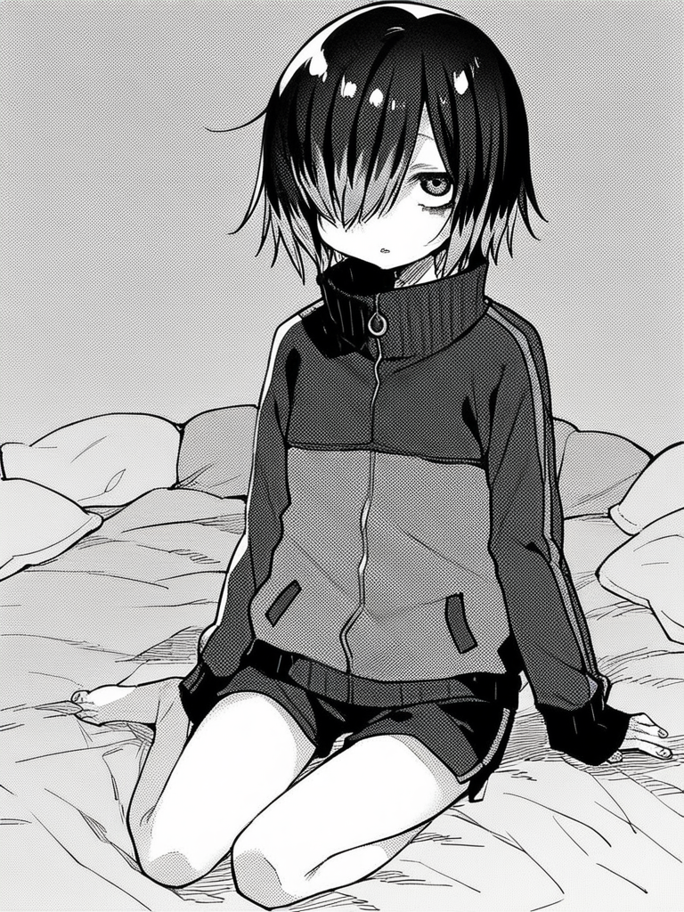 score_9, score_8_up, score_7_up,  
1girl, monochrome, komidori mai, medium hair, black hair, hair over one eye, highlights, flat chest, jitome,

sitting, on bed, parted lips, looking at viewer,

shorts, track jacket, barefoot, 
