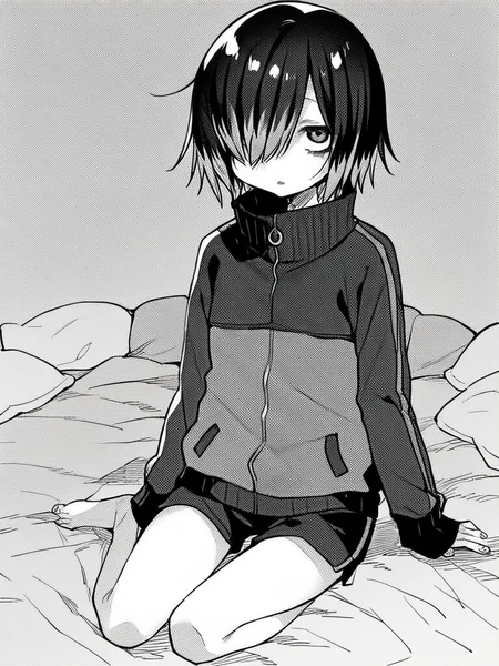 score_9, score_8_up, score_7_up,
1girl, monochrome, komidori mai, medium hair, black hair, hair over one eye, highlights, flat chest, jitome,
sitting, on bed, parted lips, looking at viewer,
shorts, track jacket, barefoot,