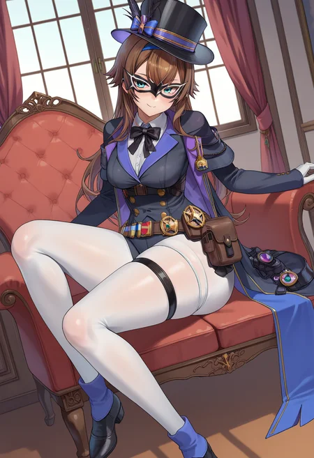 score_9, score_8_up, score_7_up, source_anime, rating_explicit,
BREAK
1girl, solo, <lora:shiRapuniBetaV2:1.0>,
shirumanidef, long hair, brown hair, aqua eyes, blue hairband,
<lora:shiPhamtonV1:1> shipham, long hair, domino mask, top hat, white gloves, black jacket, long sleeves, belt, belt pouch, black shorts, white pantyhose, thigh strap, black footwear,
looking at viewer, seductive smile, half-closed eyes,
indoors,