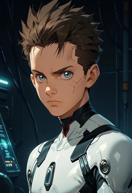 score_9, score_8_up, score_7_up, score_6_up, score_5_up, score_4_up, 1boy, solo, cyberpunk, science fiction, upper body, source_anime, knva, looking at viewer, detailed, cyberware, techware, Koji, Blue Eyes, Brown Hair, Freckles, Bodysuit