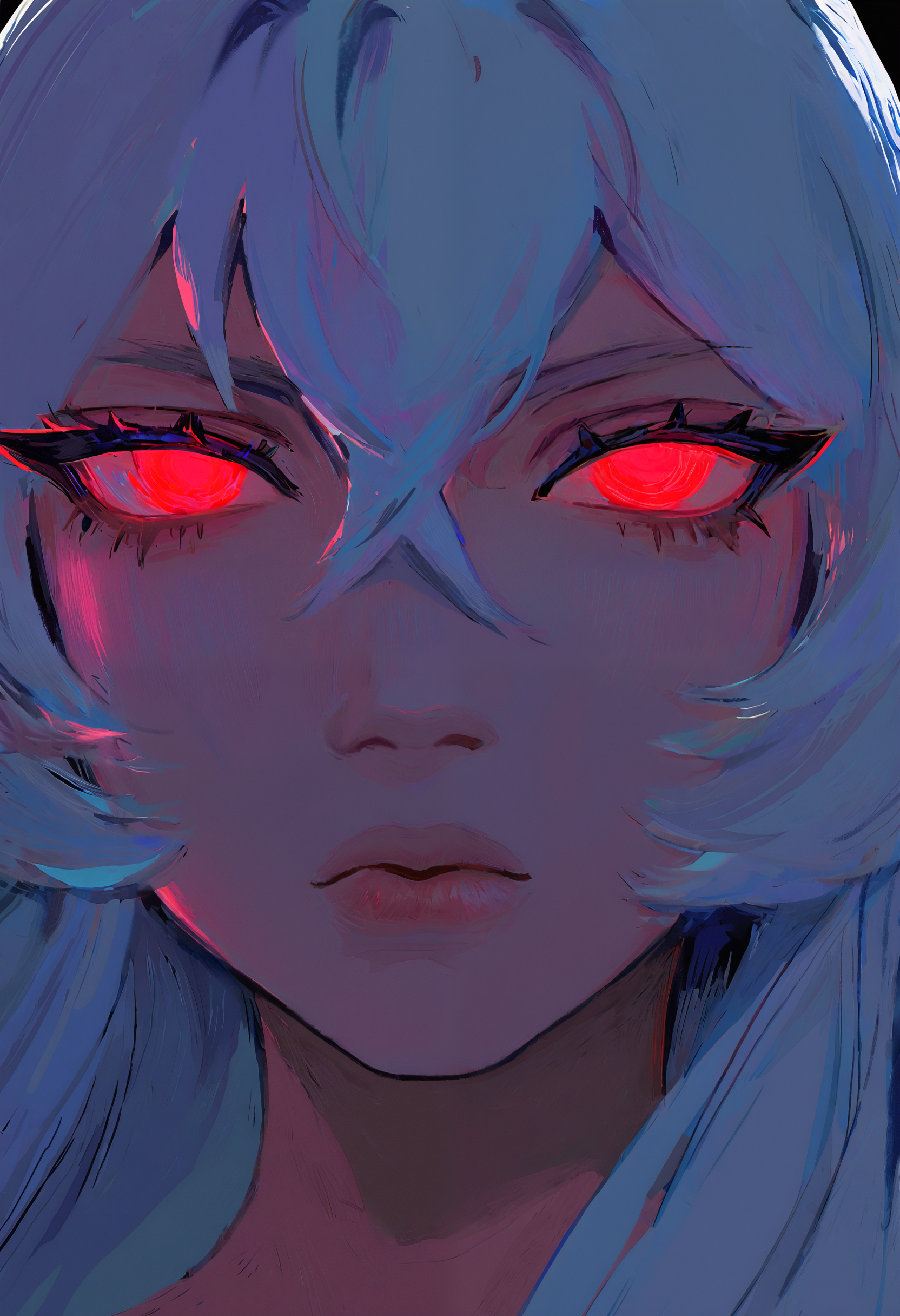<lora:eXZvdG9ybw==-noobaiXLNAIXL_epsilonPred_V110_V1-CAME>, eXZv, 1girl, solo, red eyes, looking at viewer, white hair, portrait, long hair, hair between eyes, lips, glowing eyes, black background, glowing, closed mouth, simple background, close-up, eyelashes, nose, backlighting, serious