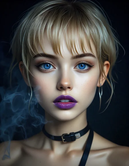 grunge style (dark mood masterpiece Photography:1.2), a mysterious slender woman with expressive blue eyes and bold eyeliner, she has sensuous full lips slightly parted, with purple lipstick make up. Subtle skin pores and natural texture on the face and neck, bowl cut hair, wavy messy hair, blonde hair Realistic light reflections on the surface of the eyes, Slightly raised veins visible under the skin on the neck. Realistic reflection of light on the glossy lips, following their curvature. looking at the viewer, cheeky expression. photography masterpiece, modern, irresistible beauty, unusual composition, use of negative space, (rule of thirds composition), simmetry , mysteriouse, emotional, (fine erotic content:0.65), groundbreaking unrivaled opus with unrivaled details, highly detailed, hyper detailed photography, catchlights, ral-ertmsphr, eerie smoke in the background, Portrait,top down view,a mountain biking trail,style by Luis Royo,bloom light,Rim Lighting . textured, distressed, vintage, edgy, punk rock vibe, dirty, noisy<lora:flux\Flux__Semi-realistic_art_style-000004.safetensors:0.9:0.9> <lora:flux\detailed_skin_portraits-000005.safetensors:0.15:0.15> <lora:flux\flux_realism_lora.safetensors:0.45:0.45> <lora:flux\flux_Pro-skin.safetensors:0.2:0.2> <lora:flux\ral-ertmsphr_flux.safetensors:0.65:0.65>, <lora:flux\standard\Eye_Detail_Flux_Lora_-_Inpainting.safetensors:1.0:1.0>