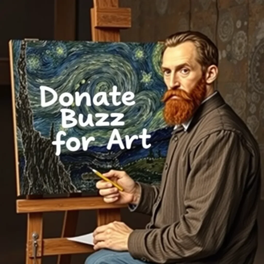 Vincent van Gogh creating a painting on canvas, in 19th century, his painting has a Lightening bolt emoji (⚡) and also text stating "Donate Buzz for Art" painted inside it. The text is painted in artistic font inside the painting