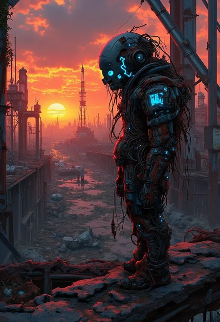yfg-f@ce, Cyberpunk-Inspired: "Wanderer in Ruin". A lone figure, garbed in a tattered exosuit with glowing blue circuits and rusty mechanical limbs, stands at the edge of a crumbling industrial bridge against a backdrop of a fiery, post-apocalyptic sunset. The decaying structure's steel beams are tangled with vines, and rusty pipes stretch like skeletal fingers towards the sky.