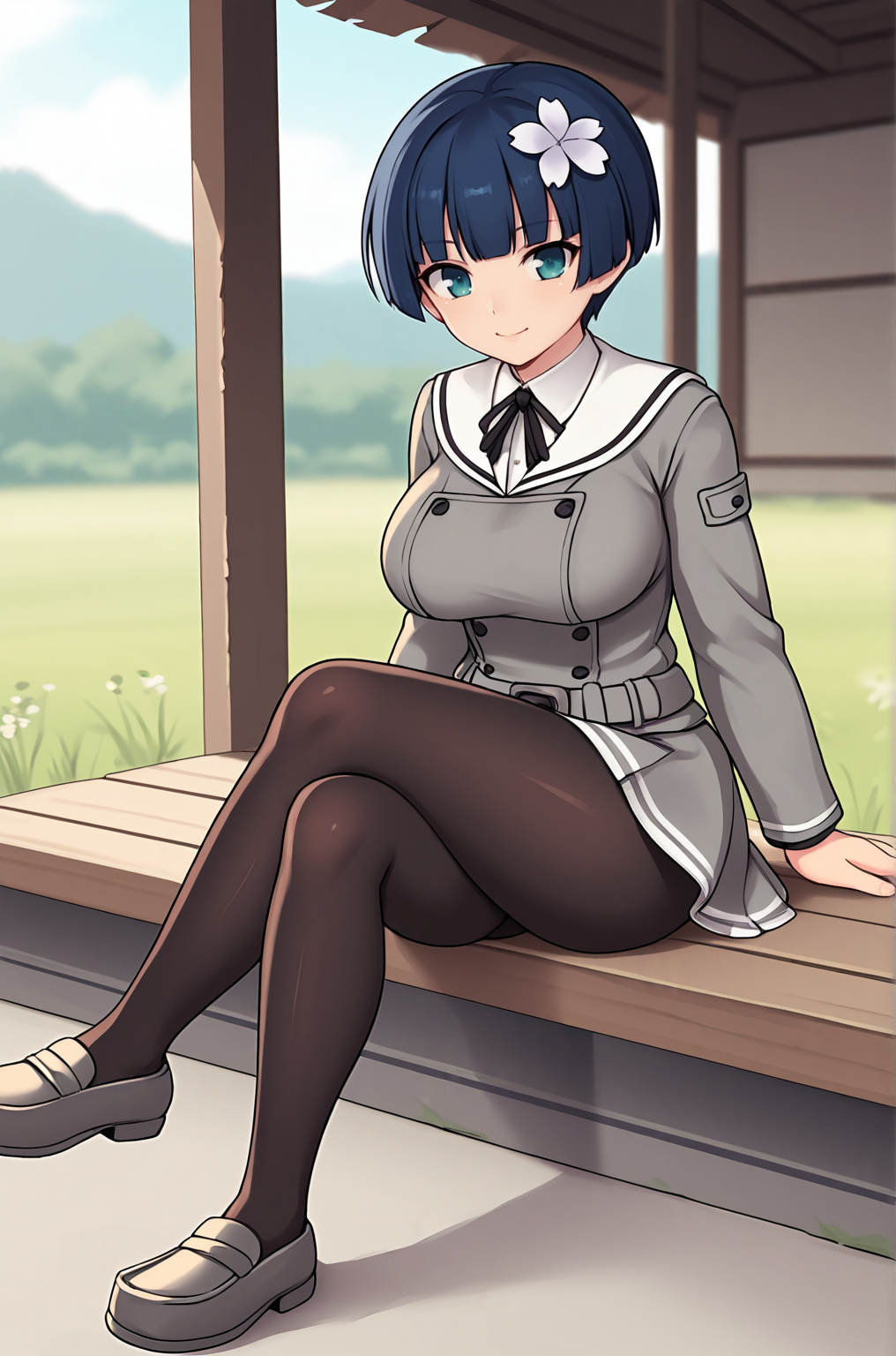 anime artwork, score_9, score_8_up, score_7_up, score_6_up, score_5_up, score_4_up, source_anime, BREAK, thick outline, fat outline,
Yozakura_XL, blue-green eyes, dark blue hair, short hair, hair flower ornament, large breasts, BREAK, Yozakura_School, school uniform, white sailor collar, grey jacket, black buttons, grey skirt, skirt frills, neck ribbon, grey belt, black pantyhose, grey loafers, BREAK, outdoors, sitting, crossed legs,
<lora:Yozakura_XL:0.7>
<lora:PersonalAmi_PonyXL:1.0>