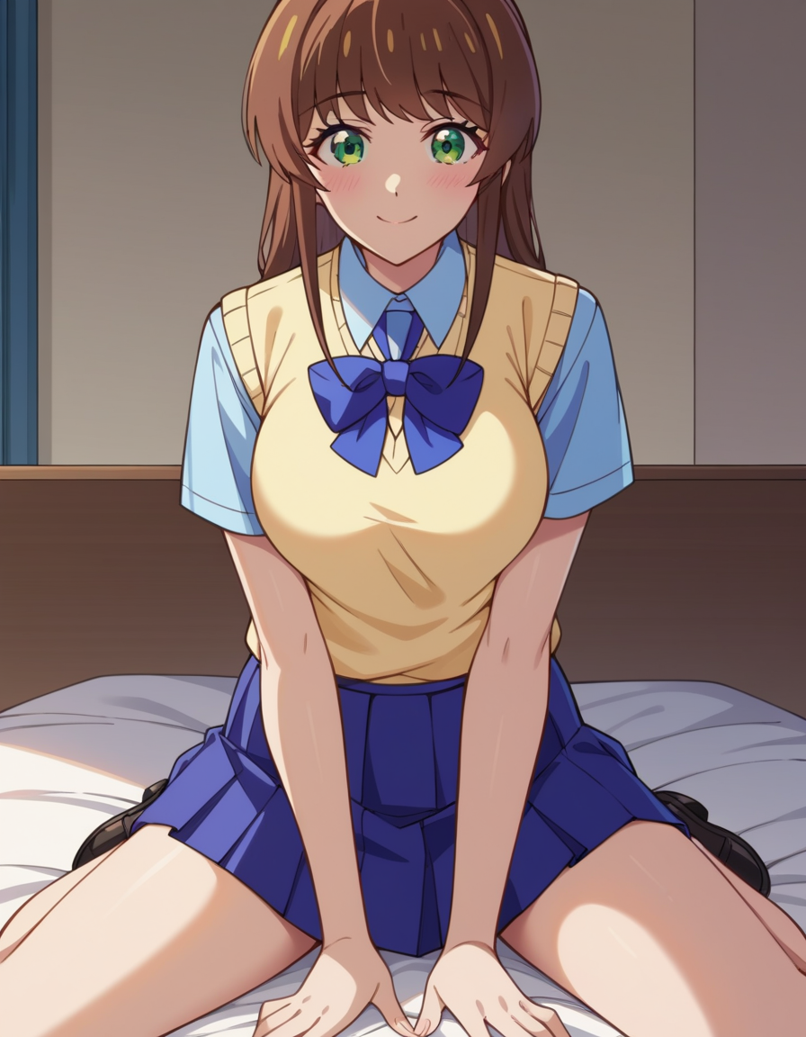 score_9, score_8_up, score_7_up, source_anime, uncensored, <lora:StS_detail_slider_v1:3>, zPDXLxxx, <lora:Shiori_Sakurazaka_PONYXL_VexVexX:1>, ShioriSakurazaka, green eyes, brown hair, long hair, bangs, medium breasts, school uniform, blue skirt, blue shirt, short sleeves, collared shirt, blue bowtie, sweater vest, yellow vest, cowboy shot, bedroom, from back, Kneeling on both knees with legs together, leaning back slightly with hands resting on the heels or calves, thighs, looking at viewer, smile,