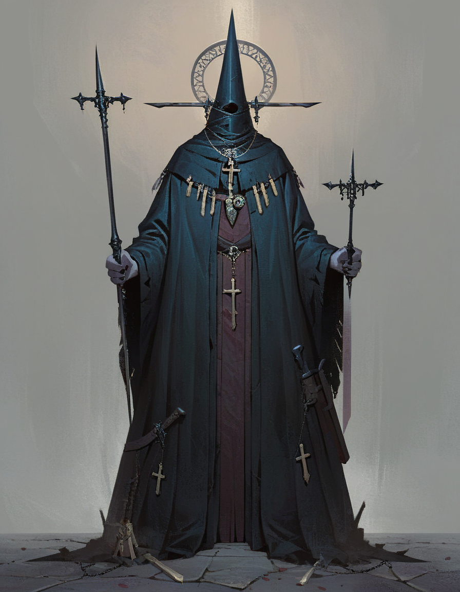 Gothic style score_9_up,score_8_up,score_7_up,score_6_up,chiaroscuro,low-key,solo,1boy,holding,jewelry,standing,full body,weapon,sword,necklace,holding weapon,holding sword,helmet,cross,knife,dual wielding,robe,holding knife,candle,dagger,holding dagger,candlestand,<lora:cultistexl-000005:1>,<lora:zavy-cntrst-sdxl:0.8>,<lora:xl_more_art-full_v1:0.8>, . Dark, mysterious, haunting, dramatic, ornate, detailed