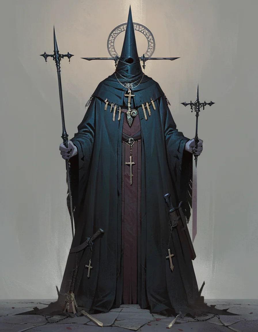 Gothic style score_9_up,score_8_up,score_7_up,score_6_up,chiaroscuro,low-key,solo,1boy,holding,jewelry,standing,full body,weapon,sword,necklace,holding weapon,holding sword,helmet,cross,knife,dual wielding,robe,holding knife,candle,dagger,holding dagger,candlestand,<lora:cultistexl-000005:1>,<lora:zavy-cntrst-sdxl:0.8>,<lora:xl_more_art-full_v1:0.8>, . Dark, mysterious, haunting, dramatic, ornate, detailed